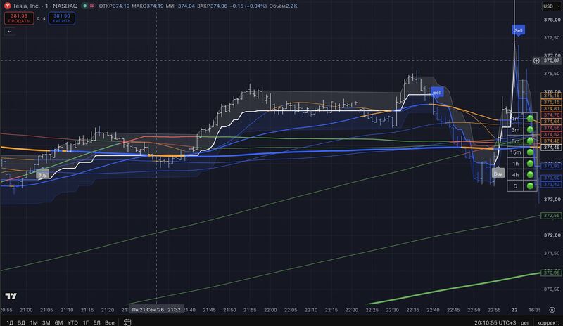 Разметка индикатора The Real Gains Pro Indicator на графике акций Tesla, таймфрейм 1 минута